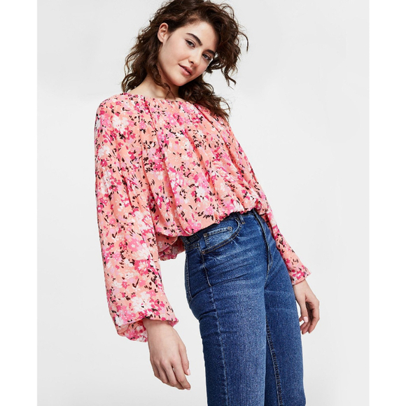 Bar III Women's XXS Pink Floral Print Boat Neck Chiffon Peasant Top NWT - Picture 3 of 6